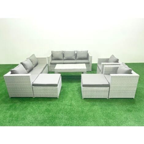 Fimous Gartenmöbelset Polyrattan mit 2 Sesseln Rechteckiger Couchtisch 2 hohen Hockern Hellgrau gemischt