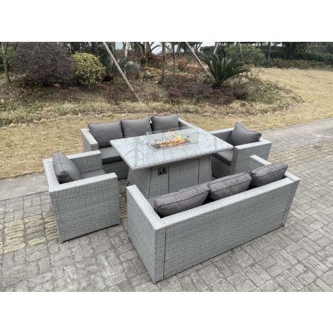 Fimous Gas Feuertisch für den Außenbereich Rattan Gartenmöbel Set mit 2 Sofa  2 Sessel Gas Feuerstelle Helles Grau