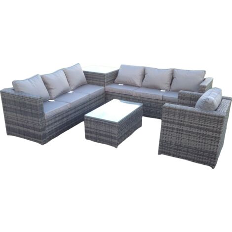 Fimous Grau Rattan Sofa Garten Möbel Rechteckiger Couchtisch Set Patio Mit Kissen Mit Stuhl