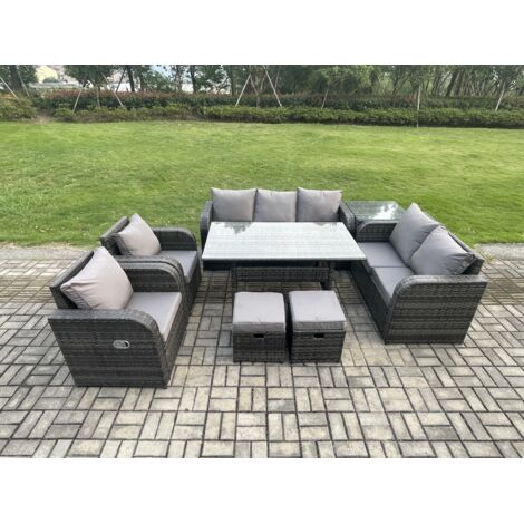 Fimous Gris foncé Ensemble de meubles de jardin en rotin  avec Table à manger rectangulaire 2 Petits repose-pieds Table d'appointen 9 places