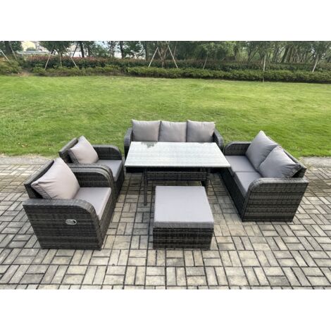 Fimous Gris foncé Ensemble de meubles de jardin en rotin avec Table à manger rectangulaire Grand repose-pieds 8 places