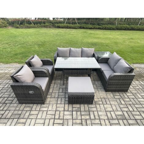 Fimous Gris foncé Ensemble de meubles de jardin en rotin  avec Table à manger rectangulaire Grand repose-pieds Table d'appoint 8 places