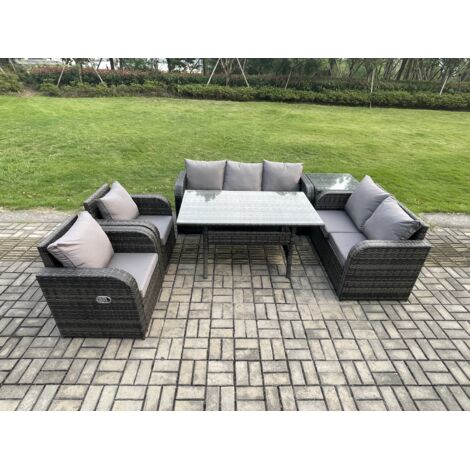 Fimous Gris foncé Ensemble de meubles de jardin en rotin avec Table à manger rectangulaire Table d'appoint 7 places