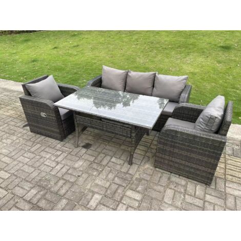 Fimous Gris foncé Ensemble de meubles de jardin en rotin  Canapé 3 places Fauteuil Inclinable Table à manger rectangulaire 5 places