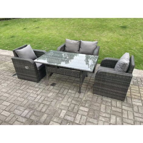 Fimous Gris foncé Ensemble de meubles de jardin en rotin  canapé deux places Fauteuil Inclinable Table à manger rectangulaire 4 places