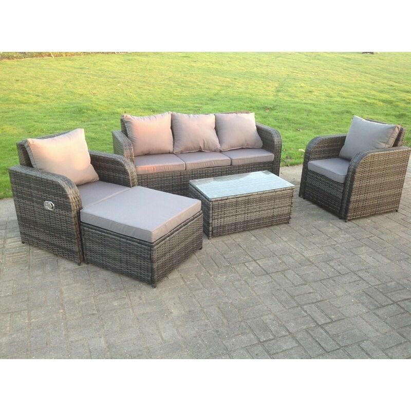 Gris foncé mixte Pe osier rotin mobilier de jardin canapé Chaise réglable Longue 6 places Oblong Table basse - Fimous