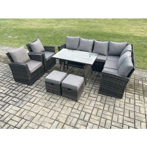 Fimous High Back Outdoor Garden Furniture Set Rattan Corner Sofa Dining Table Set With Armchairs 2 Small Footstools 10 Seater Dark Grey Mixed