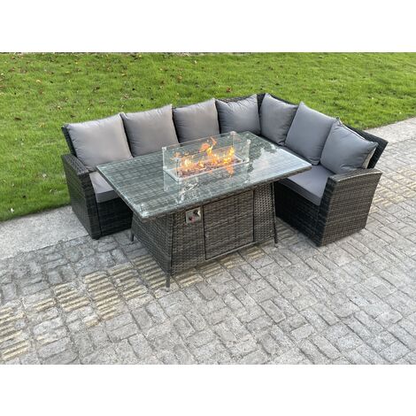 Fimous High Back Outdoor Rattan Corner Sofa Set Garden Furniture Set Gas Fire Pit Dining Table Gas Heater 6 Seater