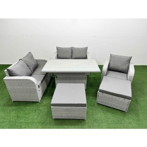 Fimous High Back Poly Rattan Garden Furniture Set with Reclining Chair Loveseat Sofa Adjustable Lifting Dining or Coffee Table Indoor Outdoor Patio  Set 2 Big Stool Light Grey