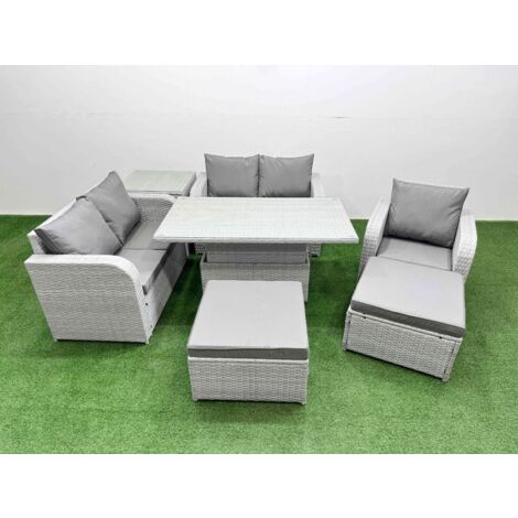 Fimous High Back Poly Rattan Garden Furniture Set with Reclining Chair Loveseat Sofa Adjustable Lifting Dining or Coffee Table Indoor Outdoor Patio  Set 2 Big Stool Side Table Light Grey