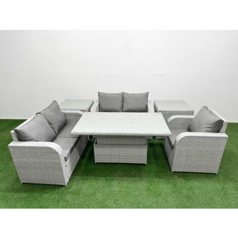 Fimous High Back Poly Rattan Garden Furniture Set with Reclining Chair Loveseat Sofa Adjustable Lifting Dining or Coffee Table Indoor Outdoor Patio  Set 2 Side Table Light Grey