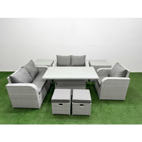 Fimous High Back Poly Rattan Garden Furniture Set with Reclining Chair Loveseat Sofa Adjustable Lifting Dining or Coffee Table Indoor Outdoor Patio  Set 2 Stool 2 Side Table Light Grey