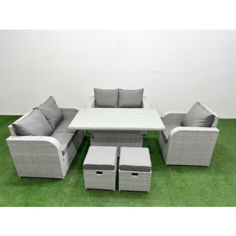 Fimous High Back Poly Rattan Garden Furniture Set with Reclining Chair Loveseat Sofa Adjustable Lifting Dining or Coffee Table Indoor Outdoor Patio  Set 2 Stool Light Grey