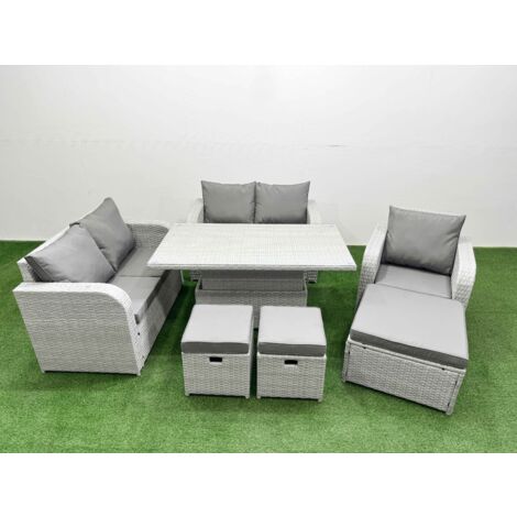 Fimous High Back Poly Rattan Garden Furniture Set with Reclining Chair Loveseat Sofa Adjustable Lifting Dining or Coffee Table Indoor Outdoor Patio  Set 3 Stools Light Grey