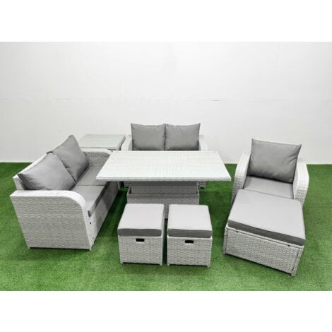 Fimous High Back Poly Rattan Garden Furniture Set with Reclining Chair Loveseat Sofa Adjustable Lifting Dining or Coffee Table Indoor Outdoor Patio  Set 3 Stools Side Table Light Grey