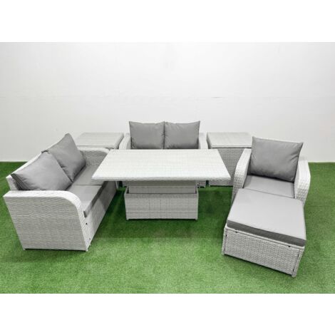 Fimous High Back Poly Rattan Garden Furniture Set with Reclining Chair Loveseat Sofa Adjustable Lifting Dining or Coffee Table Indoor Outdoor Patio  Set Big Stool 2 Side Table Light Grey