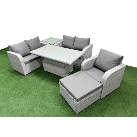 Fimous High Back Poly Rattan Garden Furniture Set with Reclining Chair Loveseat Sofa Adjustable Lifting Dining or Coffee Table Indoor Outdoor Patio  Set Big Stool Side Table Light Grey