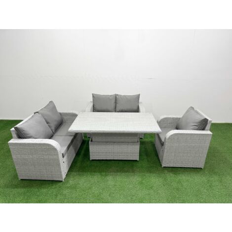 Fimous High Back Poly Rattan Garden Furniture Set with Reclining Chair Loveseat Sofa Adjustable Lifting Dining or Coffee Table Indoor Outdoor Patio  Set Light Grey