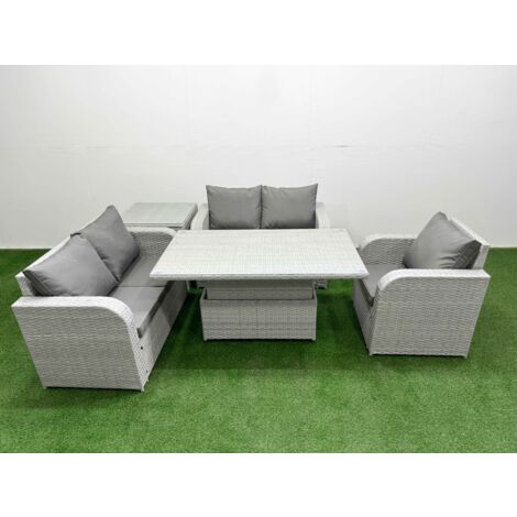 Fimous High Back Poly Rattan Garden Furniture Set with Reclining Chair Loveseat Sofa Adjustable Lifting Dining or Coffee Table Indoor Outdoor Patio  Set Side Table Light Grey