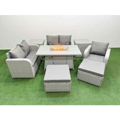 Fimous High Back Poly Rattan Garden Furniture Set with Reclining Chair Loveseat Sofa Firepit Dining Table Indoor Outdoor Patio  Set 2 Big Stool 2 Side Table Light Grey