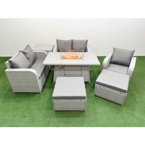 Fimous High Back Poly Rattan Garden Furniture Set with Reclining Chair Loveseat Sofa Firepit Dining Table Indoor Outdoor Patio  Set 2 Big Stool Side Table Light Grey