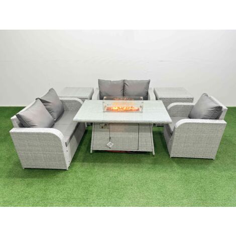 Fimous High Back Poly Rattan Garden Furniture Set with Reclining Chair Loveseat Sofa Firepit Dining Table Indoor Outdoor Patio  Set 2 Side Table Light Grey