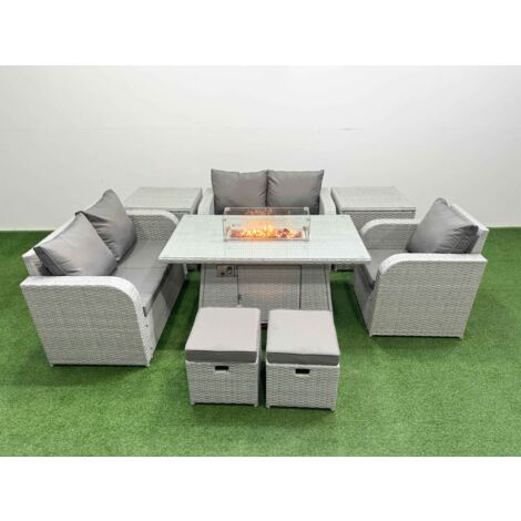 Fimous High Back Poly Rattan Garden Furniture Set with Reclining Chair Loveseat Sofa Firepit Dining Table Indoor Outdoor Patio  Set 2 Stool 2 Side Table Light Grey