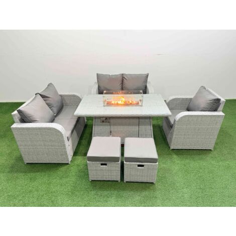 Fimous High Back Poly Rattan Garden Furniture Set with Reclining Chair Loveseat Sofa Firepit Dining Table Indoor Outdoor Patio  Set 2 Stool Light Grey