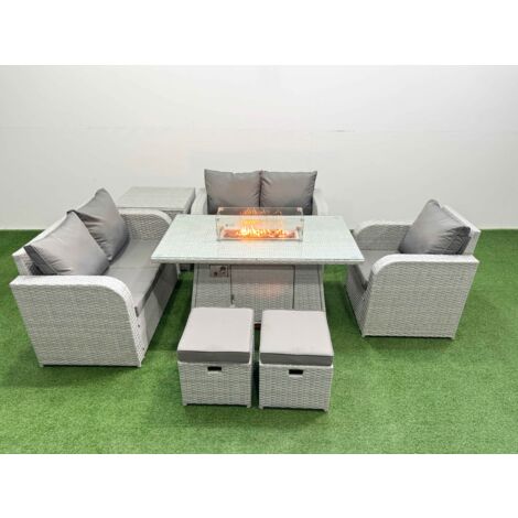 Fimous High Back Poly Rattan Garden Furniture Set with Reclining Chair Loveseat Sofa Firepit Dining Table Indoor Outdoor Patio  Set 2 Stool Side Table Light Grey