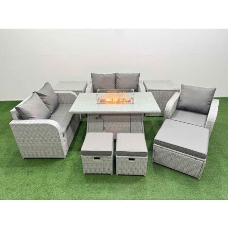 Fimous High Back Poly Rattan Garden Furniture Set with Reclining Chair Loveseat Sofa Firepit Dining Table Indoor Outdoor Patio  Set 3 Stools 2 Side Table Light Grey