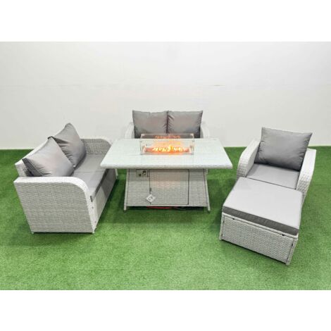Fimous High Back Poly Rattan Garden Furniture Set with Reclining Chair Loveseat Sofa Firepit Dining Table Indoor Outdoor Patio  Set Big Stool Light Grey