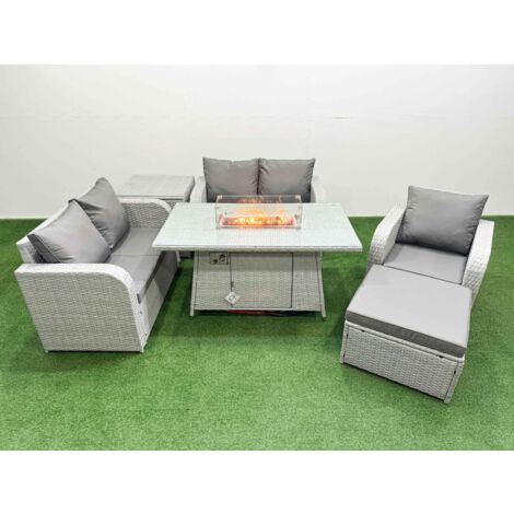 Fimous High Back Poly Rattan Garden Furniture Set with Reclining Chair Loveseat Sofa Firepit Dining Table Indoor Outdoor Patio  Set Big Stool Side Table Light Grey