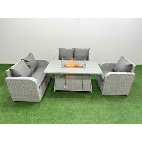 Fimous High Back Poly Rattan Garden Furniture Set with Reclining Chair Loveseat Sofa Firepit Dining Table Indoor Outdoor Patio  Set Light Grey