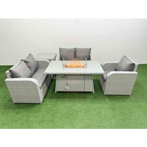 Fimous High Back Poly Rattan Garden Furniture Set with Reclining Chair Loveseat Sofa Firepit Dining Table Indoor Outdoor Patio  Set Side Table Light Grey