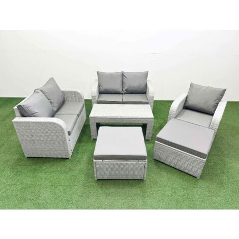 Fimous High Back Poly Rattan Garden Furniture Set with Reclining Chair Loveseat Sofa Oblong Coffee Table Indoor Outdoor Patio  Set 2 Big Stool Light Grey