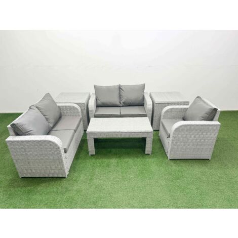 Fimous High Back Poly Rattan Garden Furniture Set with Reclining Chair Loveseat Sofa Oblong Coffee Table Indoor Outdoor Patio  Set 2 Side Table Light Grey