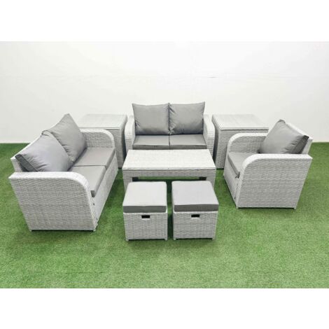 Fimous High Back Poly Rattan Garden Furniture Set with Reclining Chair Loveseat Sofa Oblong Coffee Table Indoor Outdoor Patio  Set 2 Stool 2 Side Table Light Grey