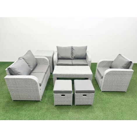 Fimous High Back Poly Rattan Garden Furniture Set with Reclining Chair Loveseat Sofa Oblong Coffee Table Indoor Outdoor Patio  Set 2 Stool Side Table Light Grey