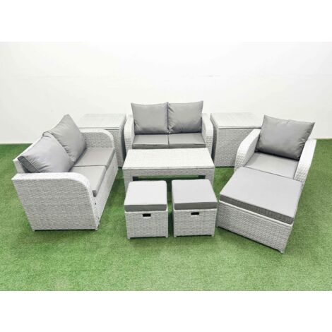 Fimous High Back Poly Rattan Garden Furniture Set with Reclining Chair Loveseat Sofa Oblong Coffee Table Indoor Outdoor Patio  Set 3 Stools 2 Side Table Light Grey
