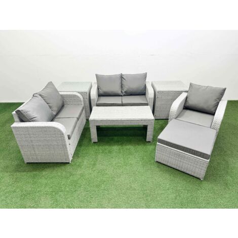 Fimous High Back Poly Rattan Garden Furniture Set with Reclining Chair Loveseat Sofa Oblong Coffee Table Indoor Outdoor Patio  Set Big Stool 2 Side Table Light Grey