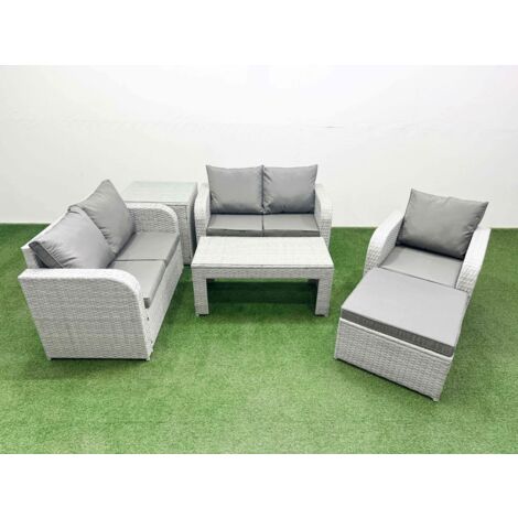 Fimous High Back Poly Rattan Garden Furniture Set with Reclining Chair Loveseat Sofa Oblong Coffee Table Indoor Outdoor Patio  Set Big Stool Side Table Light Grey