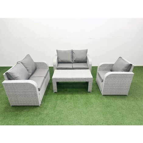Fimous High Back Poly Rattan Garden Furniture Set with Reclining Chair Loveseat Sofa Oblong Coffee Table Indoor Outdoor Patio  Set Light Grey