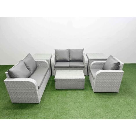 Fimous High Back Poly Rattan Garden Furniture Set with Reclining Chair Loveseat Sofa Rectangular Coffee Table Indoor Outdoor Patio  Set 2 Side Table Light Grey