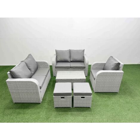 Fimous High Back Poly Rattan Garden Furniture Set with Reclining Chair Loveseat Sofa Rectangular Coffee Table Indoor Outdoor Patio  Set 2 Stool Light Grey
