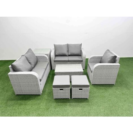 Fimous High Back Poly Rattan Garden Furniture Set with Reclining Chair Loveseat Sofa Rectangular Coffee Table Indoor Outdoor Patio  Set 2 Stool Side Table Light Grey