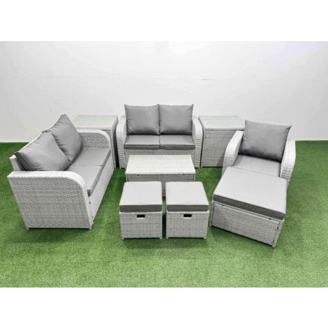 Fimous High Back Poly Rattan Garden Furniture Set with Reclining Chair Loveseat Sofa Rectangular Coffee Table Indoor Outdoor Patio  Set 3 Stools 2 Side Table Light Grey