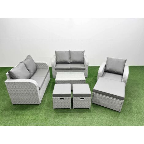 Fimous High Back Poly Rattan Garden Furniture Set with Reclining Chair Loveseat Sofa Rectangular Coffee Table Indoor Outdoor Patio  Set 3 Stools Light Grey