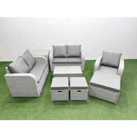 Fimous High Back Poly Rattan Garden Furniture Set with Reclining Chair Loveseat Sofa Rectangular Coffee Table Indoor Outdoor Patio  Set 3 Stools Side Table Light Grey