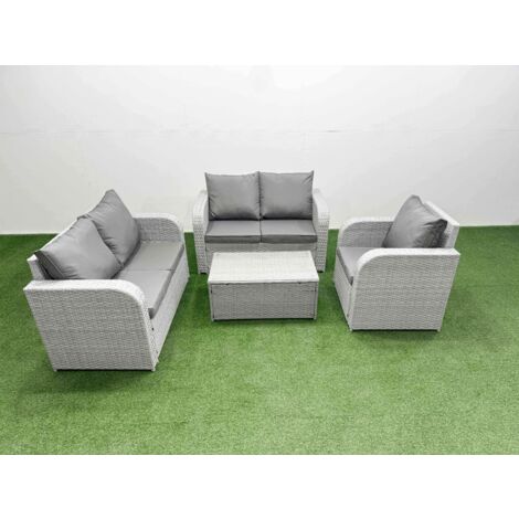 Fimous High Back Poly Rattan Garden Furniture Set with Reclining Chair Loveseat Sofa Rectangular Coffee Table Indoor Outdoor Patio  Set Light Grey