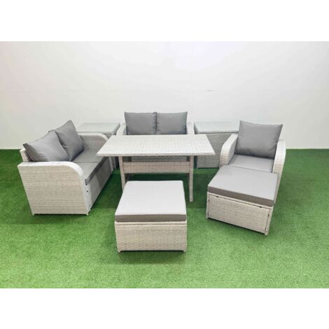 Fimous High Back Poly Rattan Garden Furniture Set with Reclining Chair Loveseat Sofa Rectangular Dining Table Indoor Outdoor Patio  Set 2 Big Stool 2 Side Table Light Grey